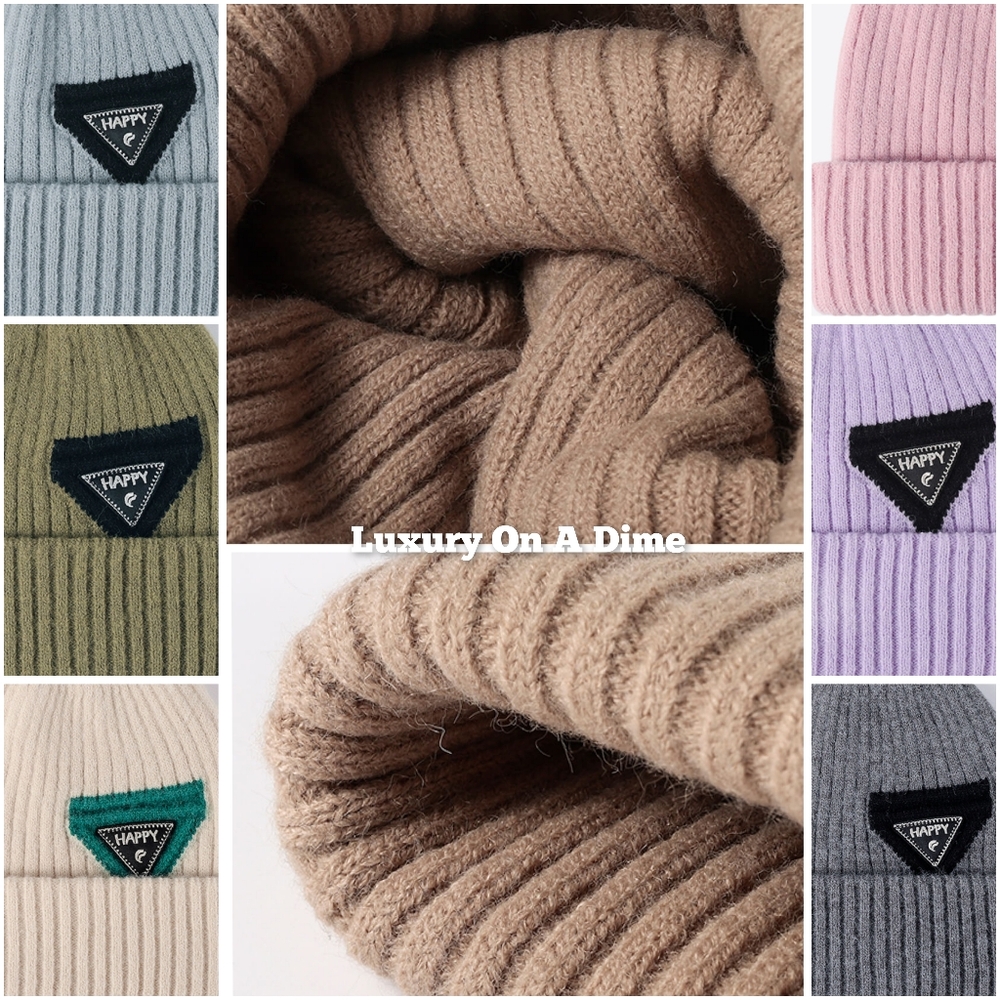HAPPY Beanie Color Contrast Hat Ribbed Knit Minimalist Warm Toboggan Skull Cap - Picture 11 of 13